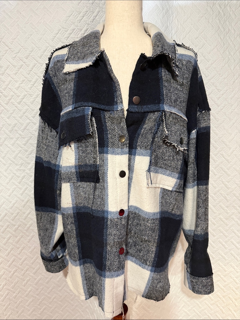 Vintage Havana Navy, Gray & Cream Plaid Frayed Shacket